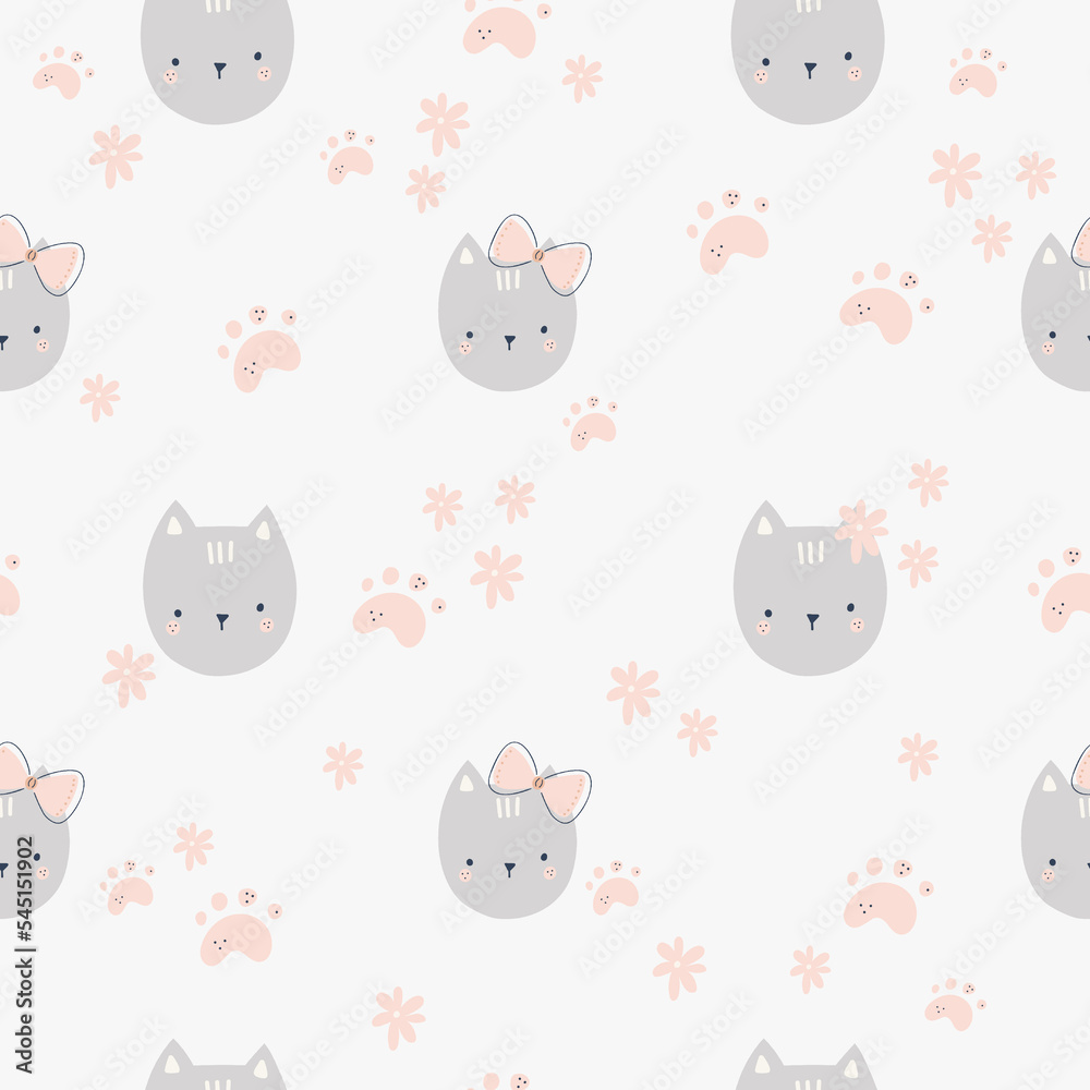 Seamless pattern of cat's face and flowers, digital paper, for surface design, kids clothing,