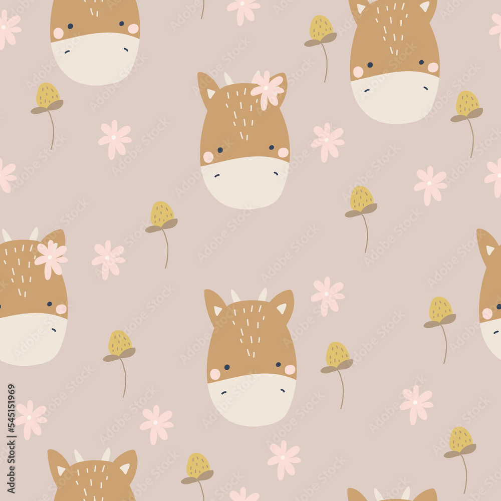 Fototapeta premium Seamless pattern baby cow and flowers, digital paper, for surface design, kids clothing