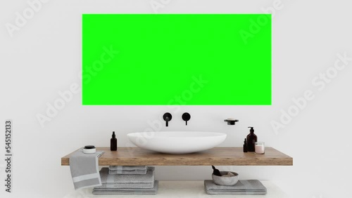 A clean white bathroom, maybe at a nice hotel or spa. The mirror is a green screen so you can put your own footage in there. Useful in a travel context, or maybe the concept of an eating disorder. photo