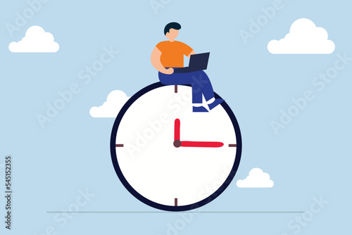 After hours worker, confident businessman using computer laptop sitting on clock working at night with colleague in other country