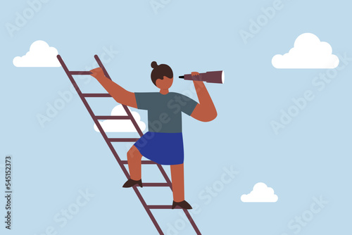 Woman leadership, confidence executive businesswoman company or country leader standing on ladder of success using telescope for future vision.
