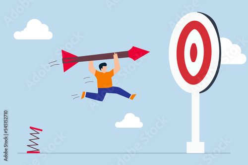 Business target achievement or success and reaching for target and goal concept, businessman leader holding arrow and jumping to target to win in business strategy