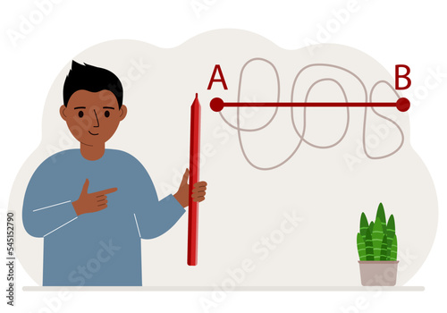 Little boy with a red pencil in her hand. A line is drawn from point A to point B, a straight and difficult path, the shortest distance to the goal, an easy or short path in study.