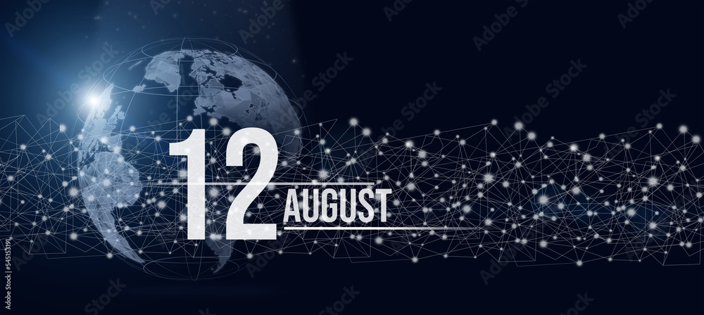August 12nd. Day 12 of month, Calendar date. Calendar day hologram of the planet earth in blue gradient style. Global futuristic communication network. Summer month, day of the year concept.