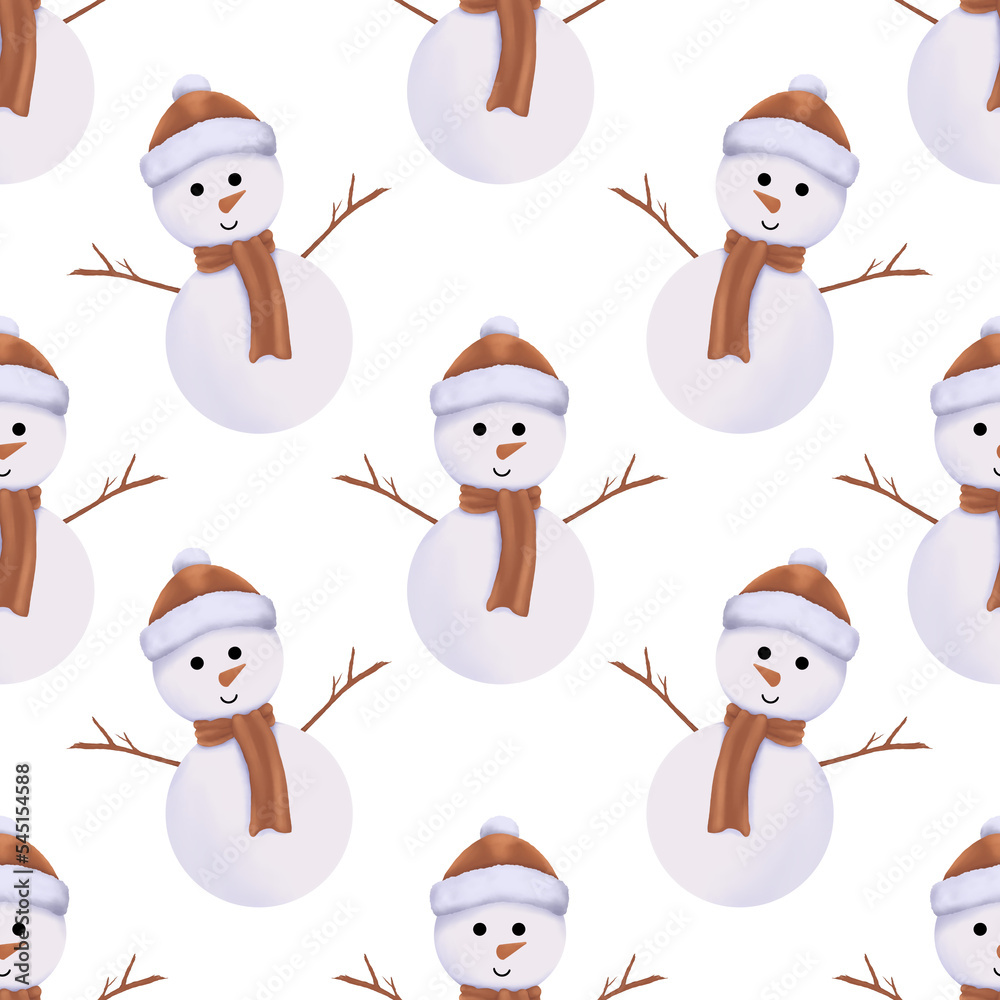 Seamless pattern Christmas snowman. Snowman in a brown beanie hat and scarf. Watercolor winter illustration isolated on transparent background.