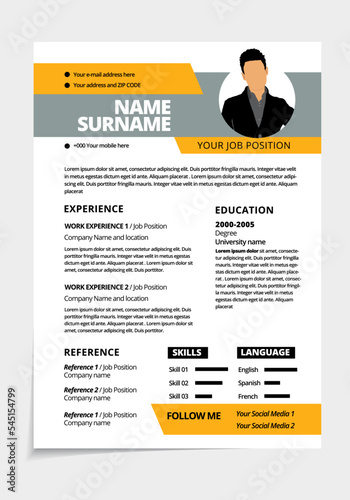 Resume design template minimalist cv. Business layout vector for job applications. A4 size.