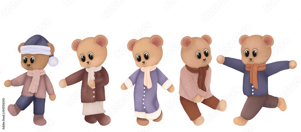 Watercolor winter teddy bears collection. Watercolor winter  illustration isolated on transparent background.