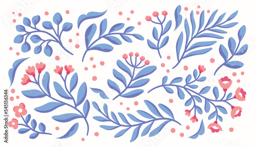 Vector set of floral elements design.  Modern illustration with leaves for template  logo  print design  social media.