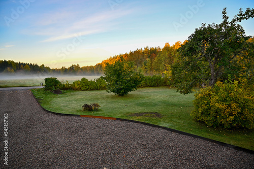 Early foggy morning over garden with gravel runway photo