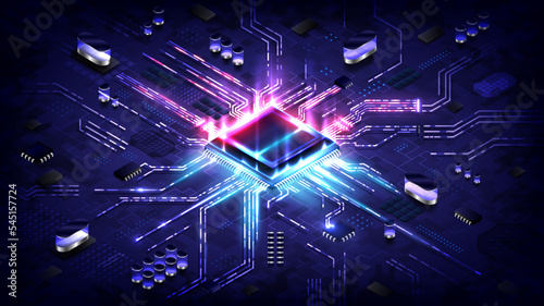 Abstract hardware and software background. Circuit board, Chip processor, Mainboard and code programmer. Hi-tech computer engineer. Cyberpunk tech and database coding. Blue and red neon light effect