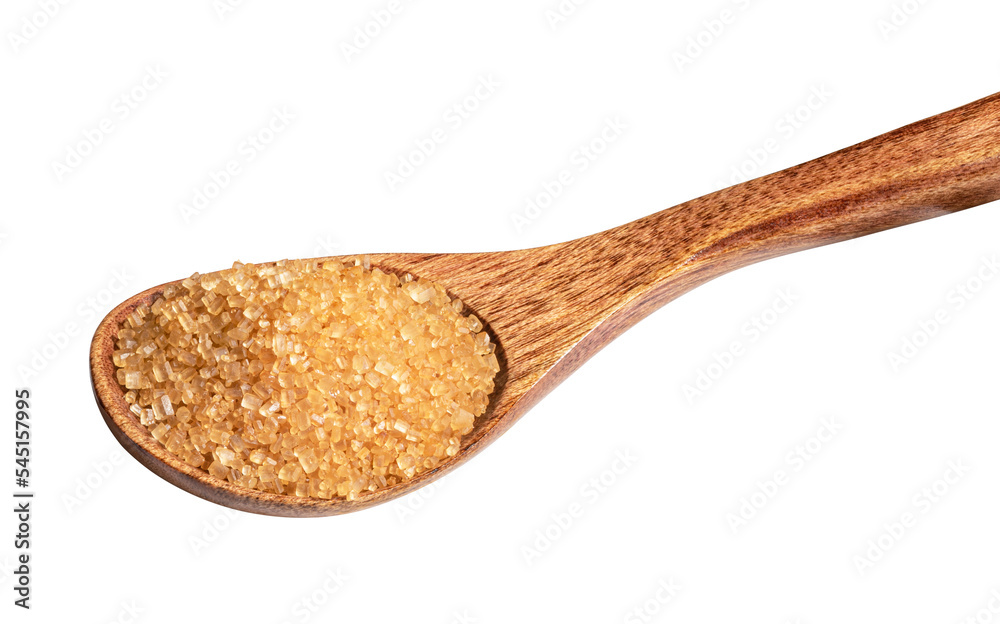 cane crystal sugar in spoon isolated on white. the entire image in sharpness.