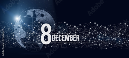 December 8th. Day 8 of month, Calendar date. Calendar day hologram of the planet earth in blue gradient style. Global futuristic communication network. Winter month, day of the year concept.