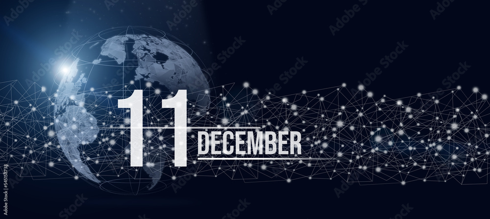 December 11st . Day 11 of month, Calendar date. Calendar day hologram of the planet earth in blue gradient style. Global futuristic communication network. Winter month, day of the year concept.