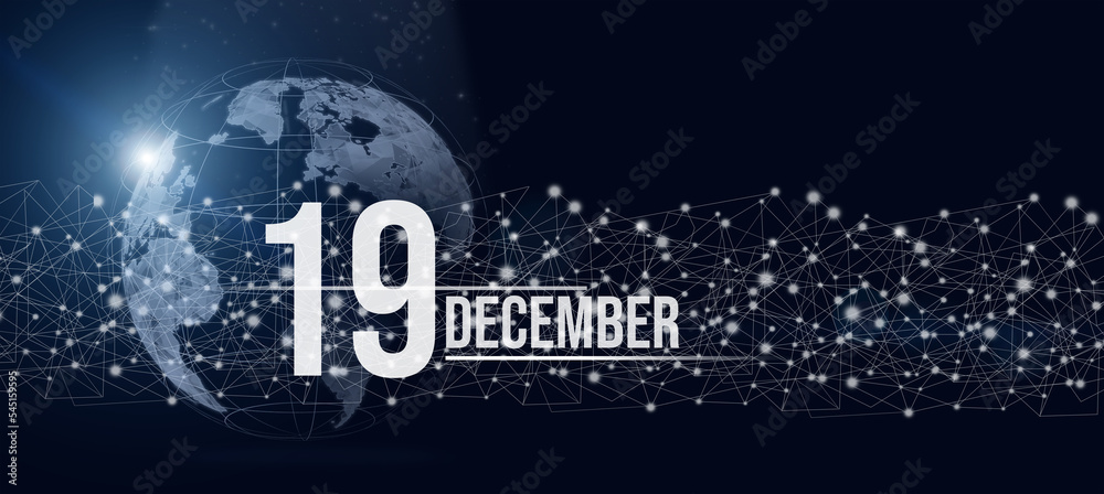 December 19th. Day 19 of month, Calendar date. Calendar day hologram of the planet earth in blue gradient style. Global futuristic communication network. Winter month, day of the year concept.
