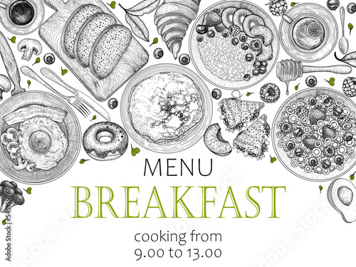 Vector template of breakfast menu banner in engraving style. Bacon and eggs, pan tomatoes, pancakes, oatmeal with fruits and berries, fruit cornflakes, bread, sandwiches, croissant, coffee, cutlery