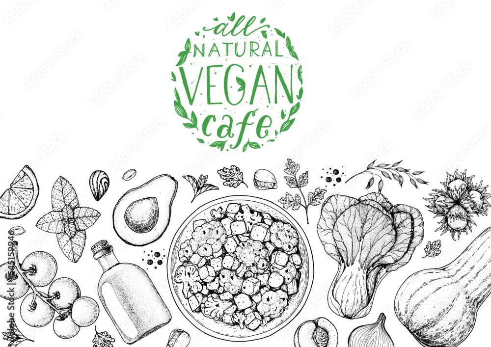 Vegan food frame. Hand drawn vector illustration. Menu design template ...
