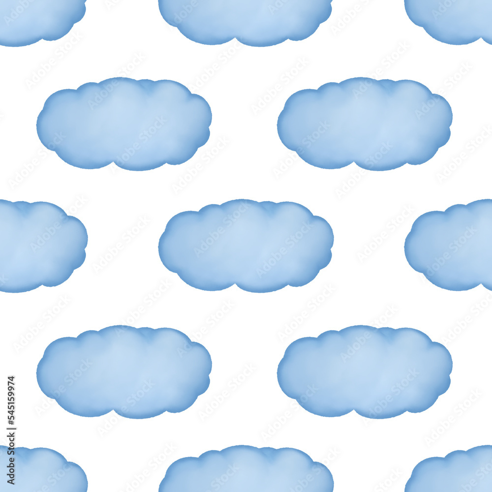 Seamless pattern with blue cloud. Watercolor illustration isolated on transparent background.