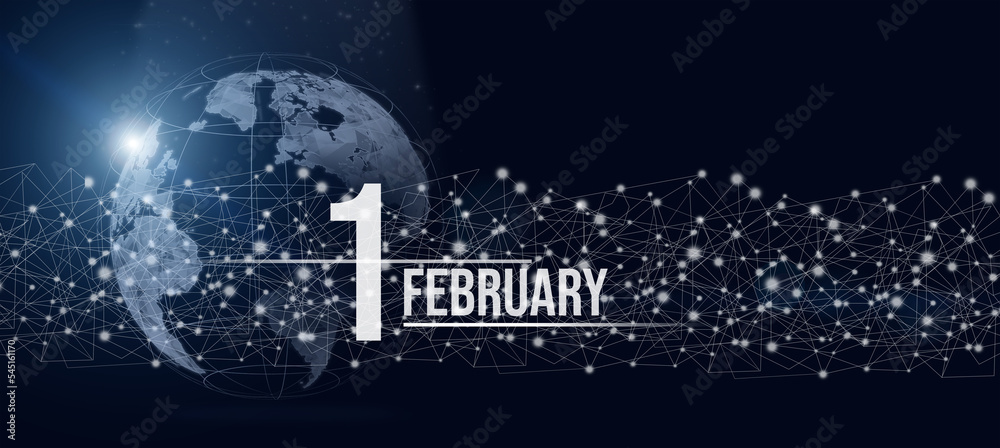 February 1st . Day 1 of month, Calendar date. Calendar day hologram of the planet earth in blue gradient style. Global futuristic communication network. Winter month, day of the year concept. February 1st . Day 1 of month, Calendar date. Calendar day hologram of the planet earth in blue gradient style. Global futuristic communication network. Winter month, day of the year concept.