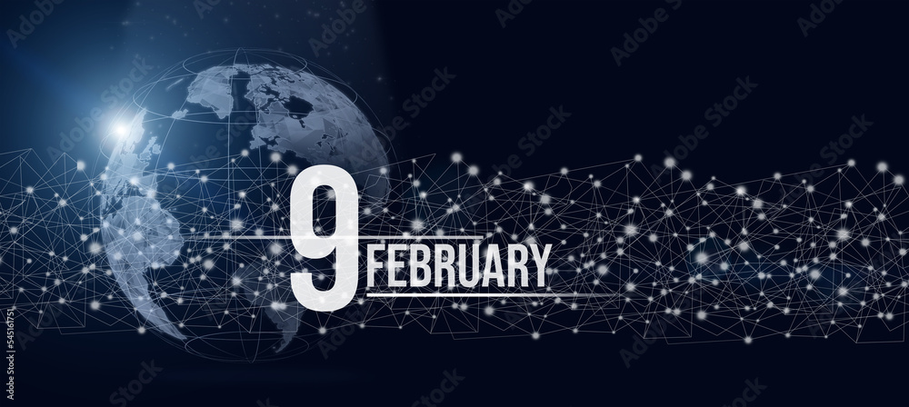 February 9th. Day 9 of month, Calendar date. Calendar day hologram of the planet earth in blue gradient style. Global futuristic communication network. Winter month, day of the year concept.