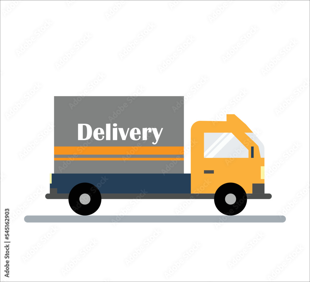 Delivery service truck flat vector design illustration. Fast shipping icon. Simple cartoon truck delivering orders to customers clients. International shipment symbol. Transportation logistics concept Delivery service truck flat vector design illustration. Fast shipping icon. Simple cartoon truck delivering orders to customers clients. International shipment symbol. Transportation logistics concept