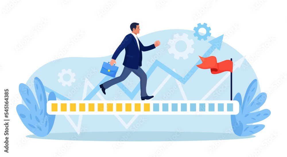 Progression from start to success or achieve goal. Business career path, mission or challenge to succeed. Businessman run on progress bar to achieve success flag. Project tracking, goal tracker Progression from start to success or achieve goal. Business career path, mission or challenge to succeed. Businessman run on progress bar to achieve success flag. Project tracking, goal tracker