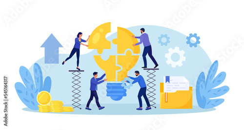 Teamwork or partnership. Business people connect light bulb puzzle together. Team collaboration for business idea. Creative entrepreneurs brainstorming to solve problem, colleagues working on start up