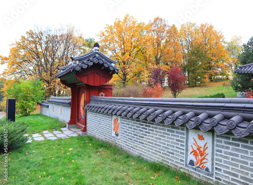 Korean traditional garden in Hryshka National Botanical Garden of the National Academy of Sciences of Ukraine in autumn time in Kyiv photo