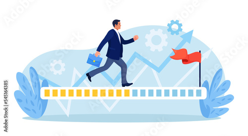Progression from start to success or achieve goal. Business career path, mission or challenge to succeed. Businessman run on progress bar to achieve success flag. Project tracking, goal tracker