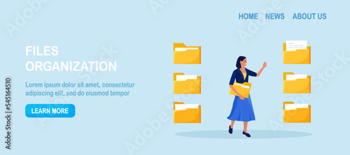 Woman search document in catalog, content in folder. Organizing files and documents in database. Electronic file organization service. Data archive storage and indexing of information