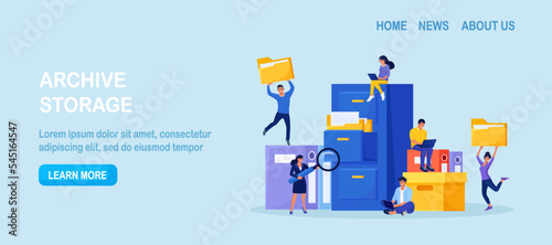 Document archiving and storage. Business people search files in archives. Support service, database. Men working with information, documents and statistics in analytical department. Folder in archive