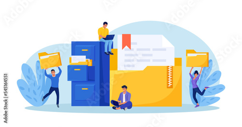 Document archiving and storage. Business people search files in archives. Support service, database. Men working with information, documents and statistics in analytical department. Folder in archive