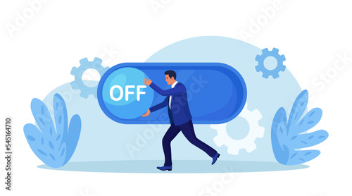 Business closure. Businessman turn off switch. Failure in career development, crisis concept. Bankruptcy. Closed company in financial crisis. Economic problem of loan payback. Risk of new business