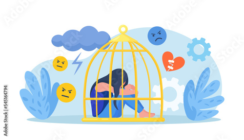 Psychological mindset as feeling like trapped in birdcage. Inner prison as mind state. Personal mental trap as closed cage. Stuck in comfort zone. Mental illness, anxiety, depression, loneliness