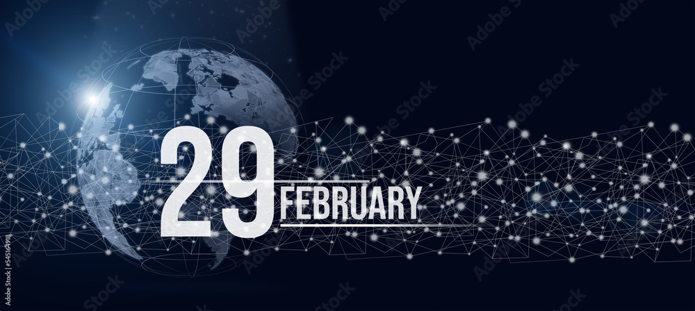 February 29th. Day 29 of month, Calendar date. Calendar day hologram of the planet earth in blue gradient style. Global futuristic communication network. Winter month, day of the year concept. February 29th. Day 29 of month, Calendar date. Calendar day hologram of the planet earth in blue gradient style. Global futuristic communication network. Winter month, day of the year concept.