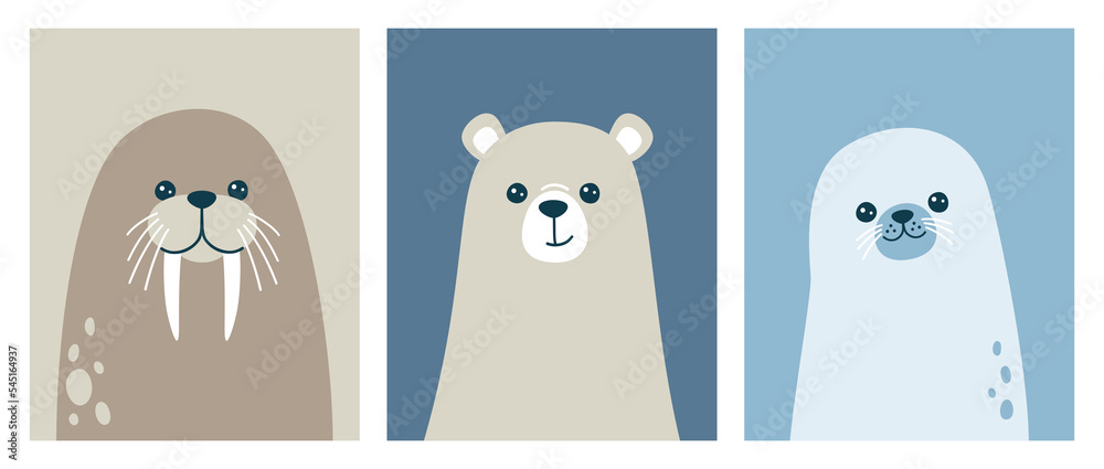 Vector illustration of cute portraits of polar bear, walrus and seal ...