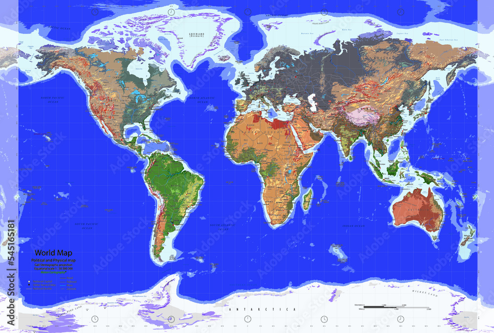 Large oil paint World map in Gall Stereographic projection