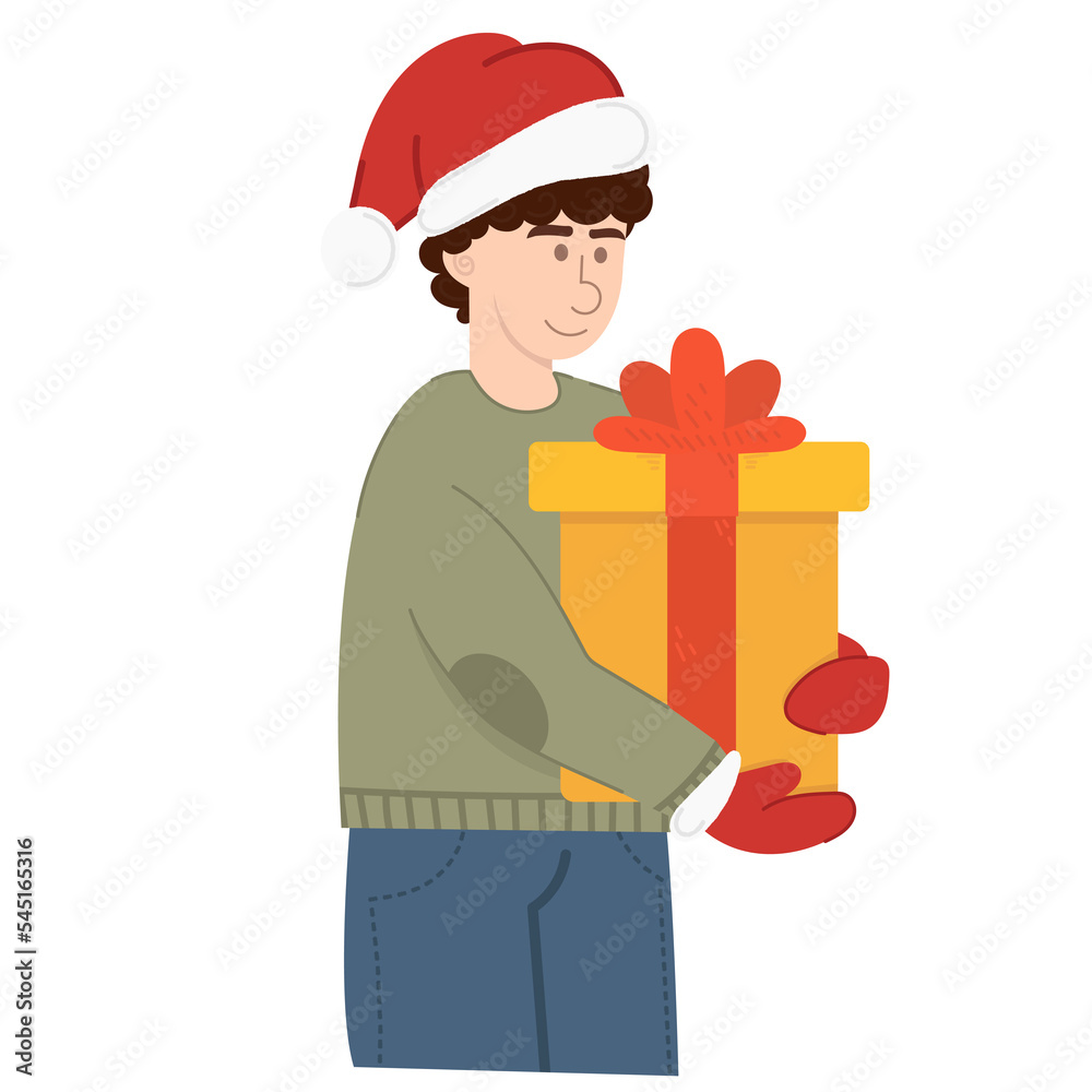 Man holding Christmas gift. Young happy man in santa hat holding a yellow gift box. Man holding Christmas gift. Young happy man in santa hat holding a yellow gift box.