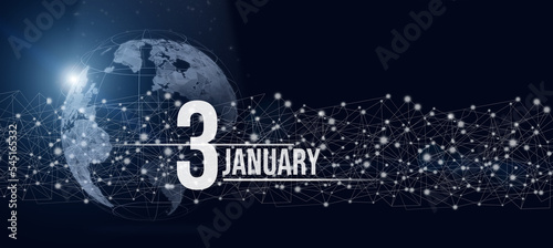 January 3rd. Day 3 of month, Calendar date. Calendar day hologram of the planet earth in blue gradient style. Global futuristic communication network. Winter month, day of the year concept.