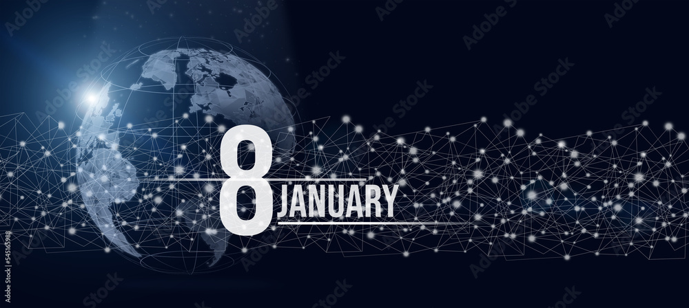 January 8th. Day 8 of month, Calendar date. Calendar day hologram of the planet earth in blue gradient style. Global futuristic communication network. Winter month, day of the year concept. January 8th. Day 8 of month, Calendar date. Calendar day hologram of the planet earth in blue gradient style. Global futuristic communication network. Winter month, day of the year concept.