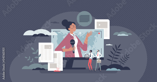 Press news journalist and work for television broadcast tiny person concept. Mass media reporter with latest information coverage and live announcement from breaking news location vector illustration.
