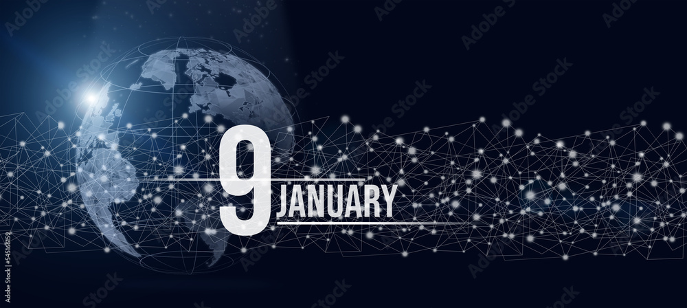 January 9th. Day 9 of month, Calendar date. Calendar day hologram of the planet earth in blue gradient style. Global futuristic communication network. Winter month, day of the year concept.