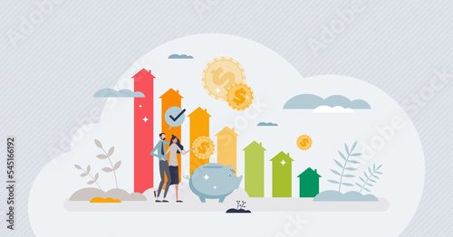 Residental home energy consumption efficiency measurement tiny person concept. Information about real estate heating, insulation and power usage sustainability vector illustration. Clean eco building.