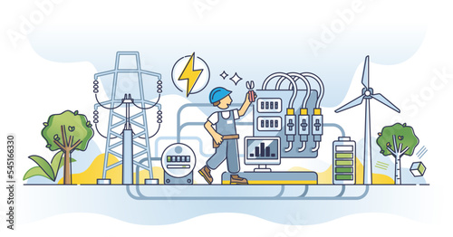 Electrical engineer occupation for electricity maintenance or voltage power line problem solving outline concept. Technician knowledge and education about electrical facilities vector illustration.
