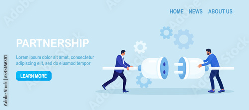Business people connecting huge plug and outlet. Business strategy and connection, partnership. Cooperation, interaction. Businessman looking for new partners. Collaboration teamwork. Brainstorming