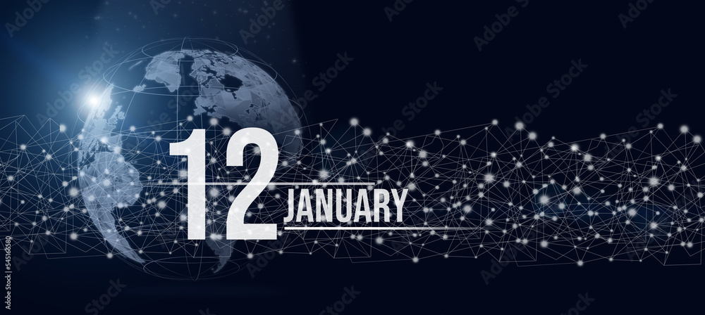 January 12nd. Day 12 of month, Calendar date. Calendar day hologram of the planet earth in blue gradient style. Global futuristic communication network. Winter month, day of the year concept.