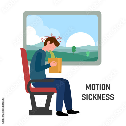 Motion sickness concept vector illustration. Man vomit on train or bus in flat design. 
