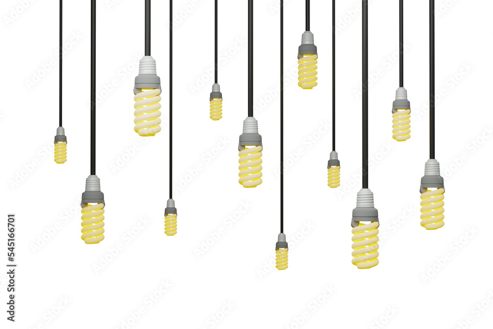 Many LED lamps with yellow lighting hanging. Isolated. 3D rendering. Many LED lamps with yellow lighting hanging. Isolated. 3D rendering.