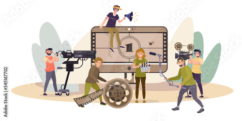 Filmmaking, video industry concept. Video editor illustration. Motion design, animation. Director, designers, editors, operators. Multimedia, visual content making.  Commercial shooting. Flat vector 