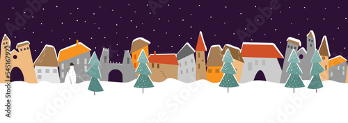 Seamless vector border with night winter city or snowy village. Christmas or new year scene. 