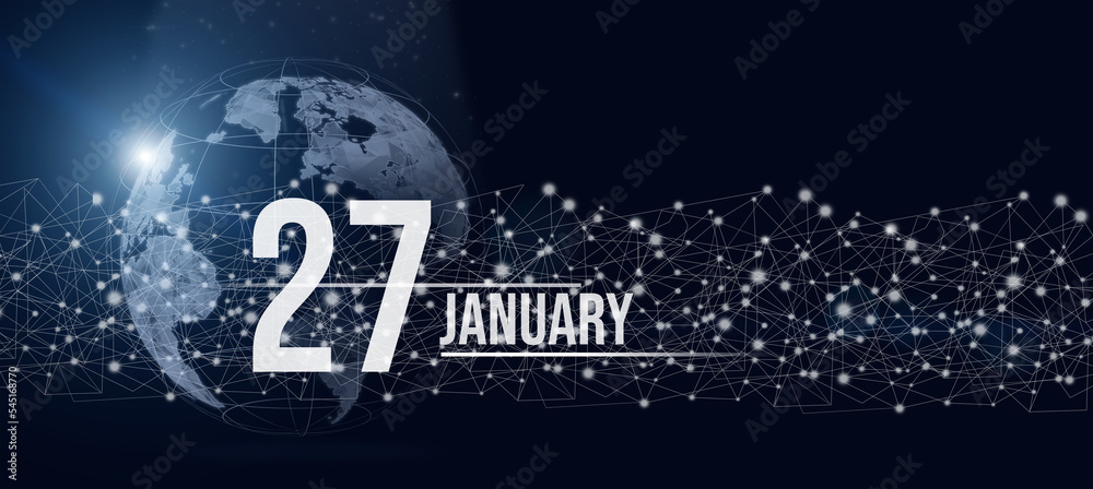 January 27th. Day 27 of month, Calendar date. Calendar day hologram of the planet earth in blue gradient style. Global futuristic communication network. Winter month, day of the year concept.
